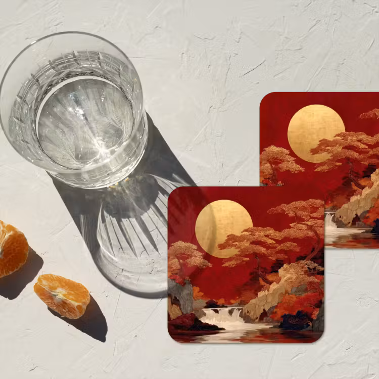 Volle maan - Landschap - Waterval onderzetter kurk middel -sfeer4
