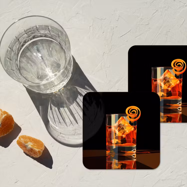 Glas - Ijsblokjes - Drinken - Bruin onderzetter kurk middel -sfeer4