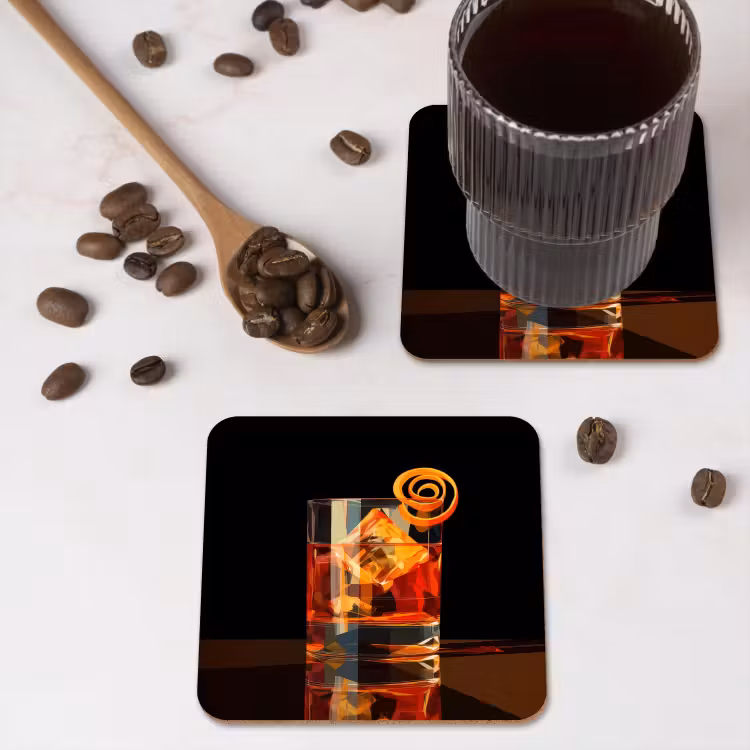 Glas - Ijsblokjes - Drinken - Bruin onderzetter kurk middel -sfeer2