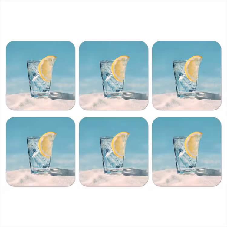 Glas - ijsblokjes - Citroen onderzetter kurk middel -3d