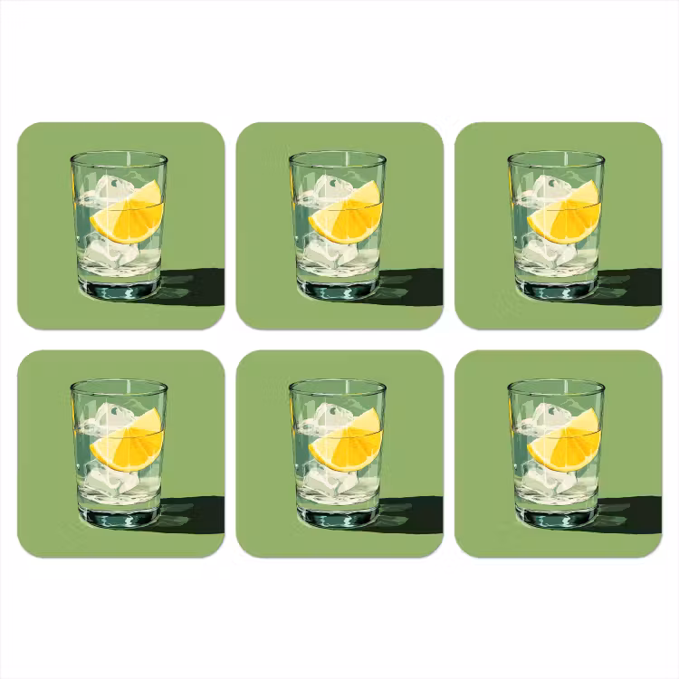 Glas - Citroen - Ijsblokjes - Groen onderzetter kurk middel -3d