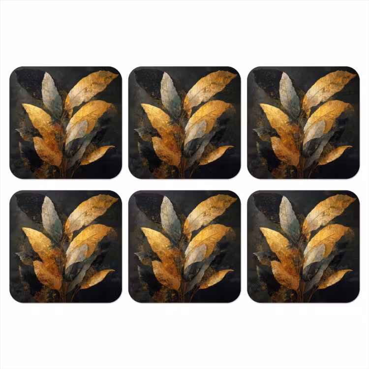 Gouden Bladcompositie – Botanische Luxe onderzetter kurk middel -3d