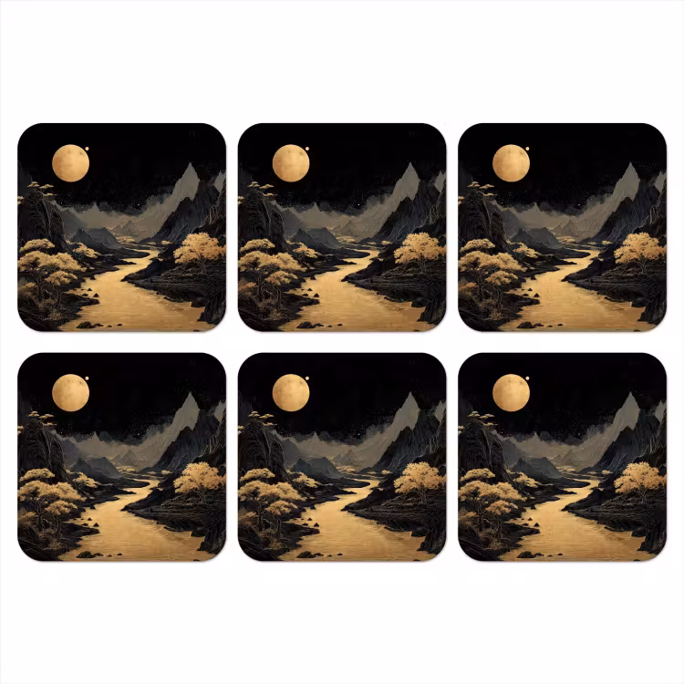 Gouden rivier - Bergen - Maan - Sterrenhemel onderzetter kurk middel -3d