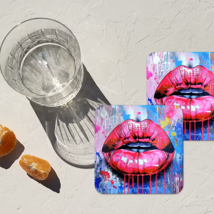 Graffiti - Lippen - Felroze - Geschilderd onderzetter kurk middel -sfeer4
