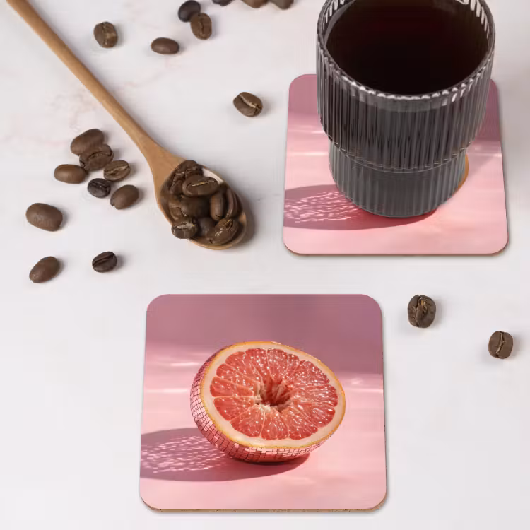 Grapefruit - Roze - Disco - Shiny onderzetter kurk middel -sfeer2