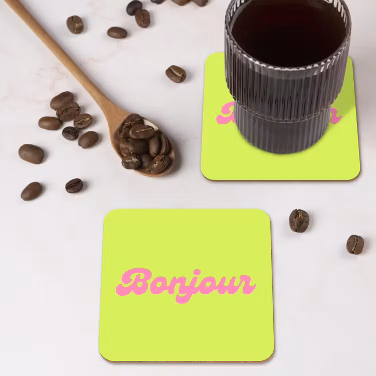 Groen - Roze bonjour - Retro onderzetter kurk middel -sfeer2