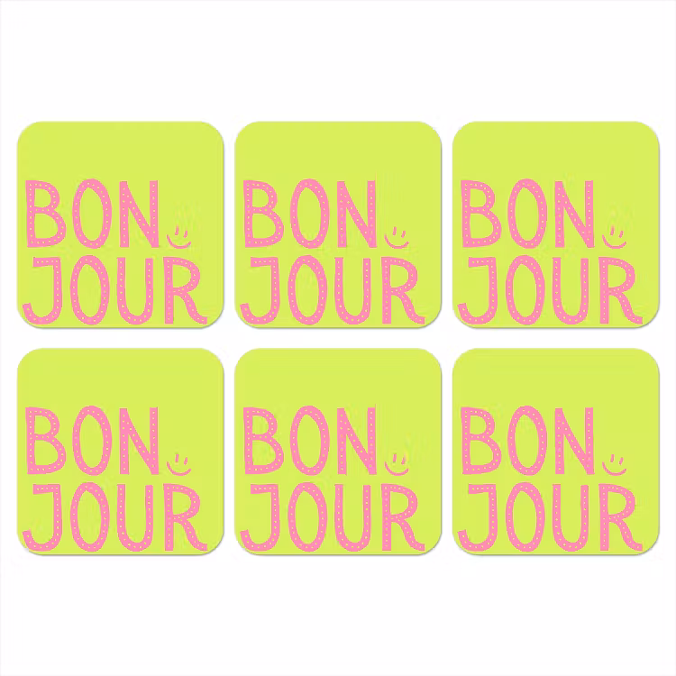 Groen - Smiley - Bonjour - Roze onderzetter kurk middel -3d