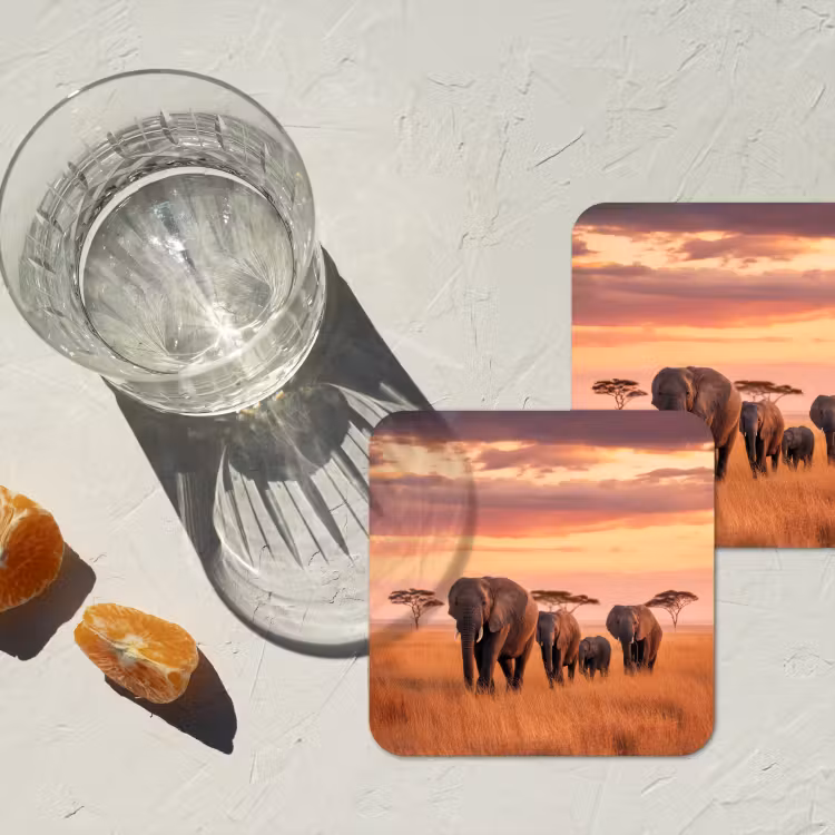Groep olifanten - Open vlakte - Zon onderzetter kurk middel -sfeer4