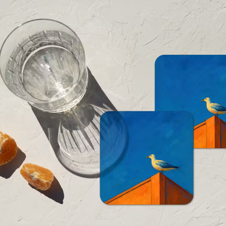Meeuw - Gebouw - Lucht - Geschilderd onderzetter kurk middel -sfeer4