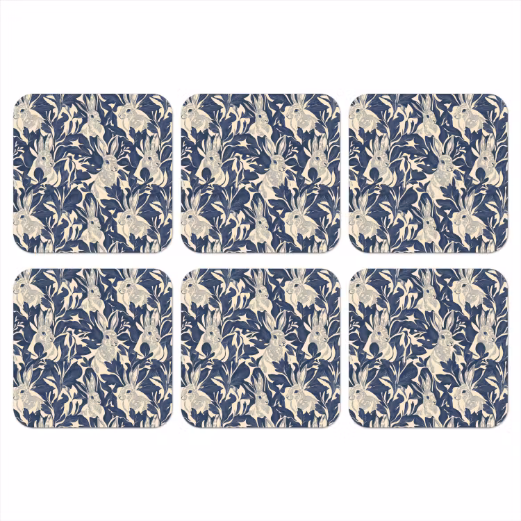 Hazen - Bladeren - Patroon - Blauw - Beige onderzetter kurk middel 366 -3d
