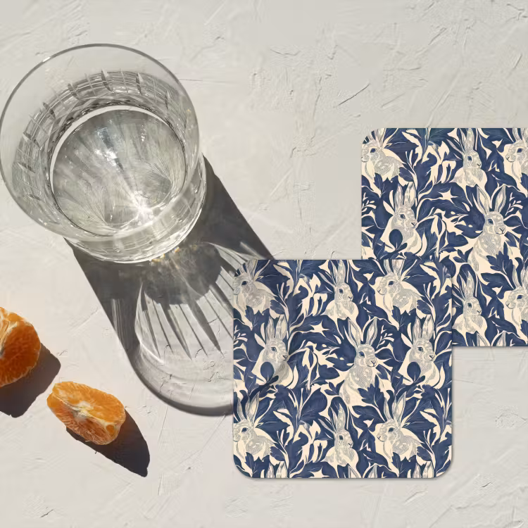 Hazen - Bladeren - Patroon - Blauw - Beige onderzetter kurk middel 366 -sfeer4