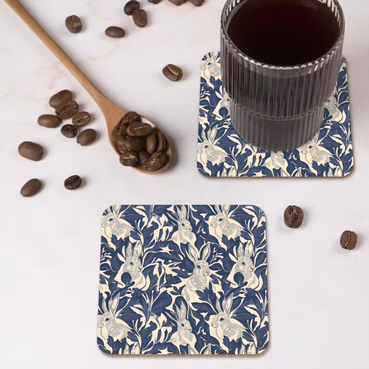 Hazen - Bladeren - Patroon - Blauw - Beige onderzetter kurk middel 366 -sfeer2