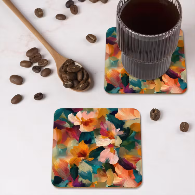 Harmonieus - Abstracte bloemen - Warme tinten onderzetter kurk middel -sfeer2