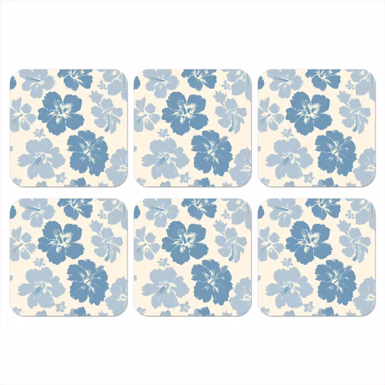 Hibiscusbloemen - Blauw - Patroon - Tropisch onderzetter kurk middel -3d