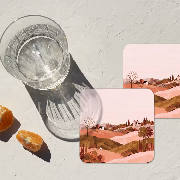 Heuvellandschap - Grafisch - Terracotta onderzetter kurk middel -sfeer4
