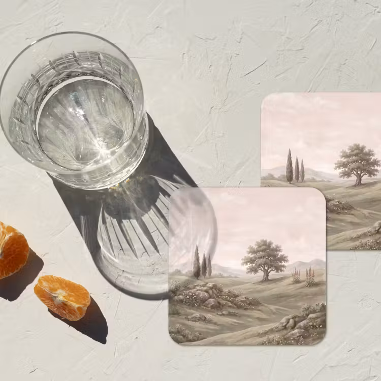 Heuvellandschap - Bomen - Natuur - Groen onderzetter kurk middel -sfeer4