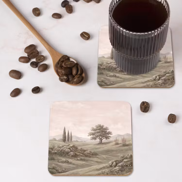 Heuvellandschap - Bomen - Natuur - Groen onderzetter kurk middel -sfeer2