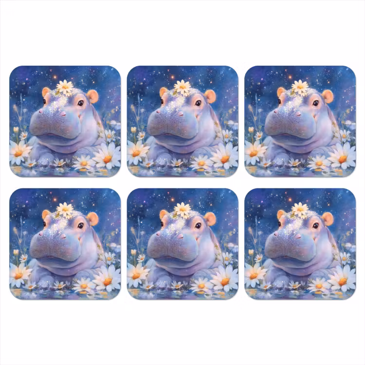 Nijlpaard - Madeliefjes - Sterrenhemel onderzetter kurk middel -3d