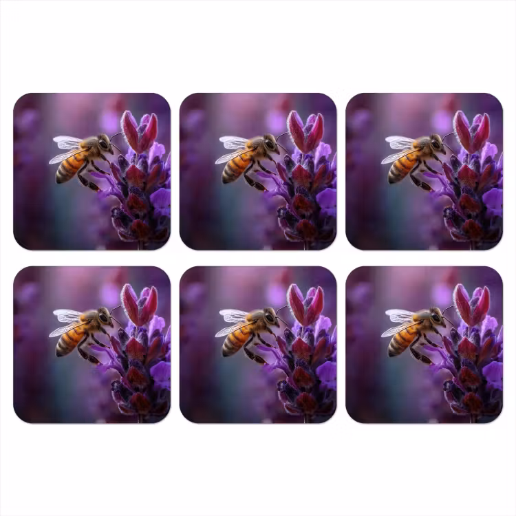 Honingbij - Paarse bloemen - Details onderzetter kurk middel -3d