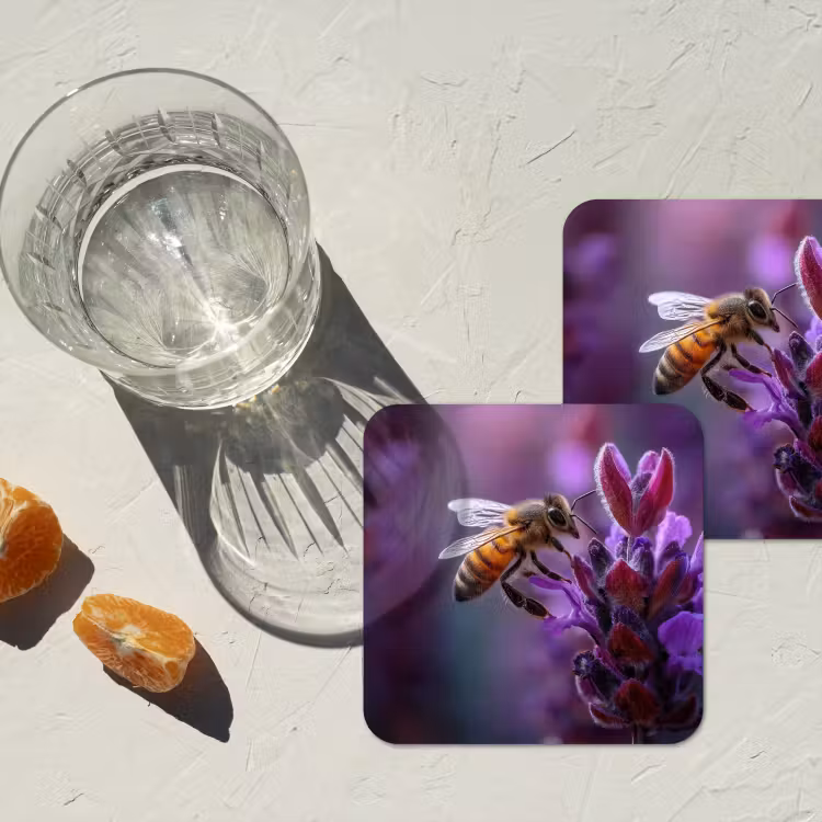 Honingbij - Paarse bloemen - Details onderzetter kurk middel -sfeer4