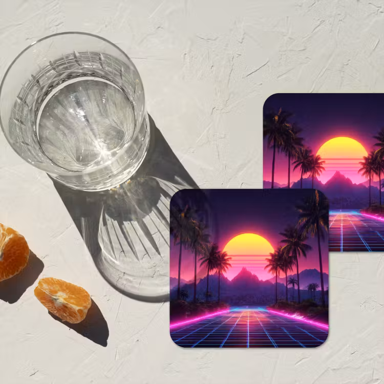 Horizon - Palmbomen - Bergen - Geel onderzetter kurk middel -sfeer4