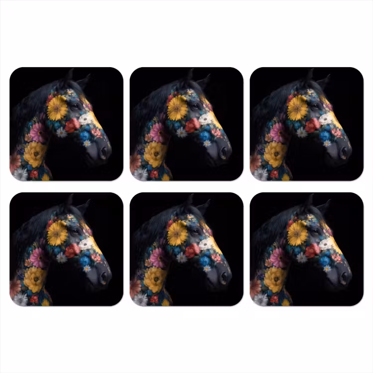 Paard - Bloemen - Zwart onderzetter kurk middel -3d