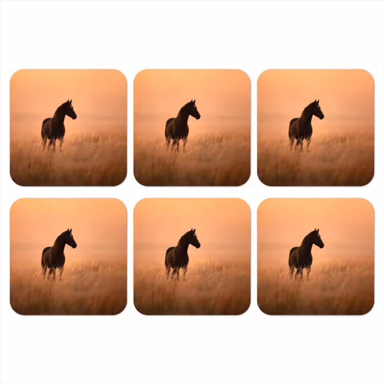 Paard - Grasveld - Zonsondergang onderzetter kurk middel -3d