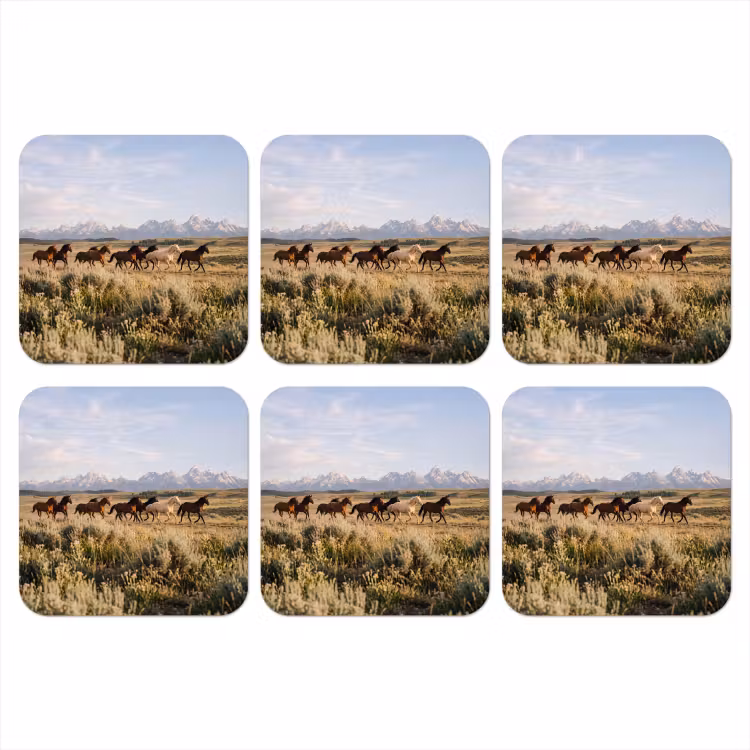 Paarden - Kudde - Bergen - Vrijheid - Wild onderzetter kurk middel -3d