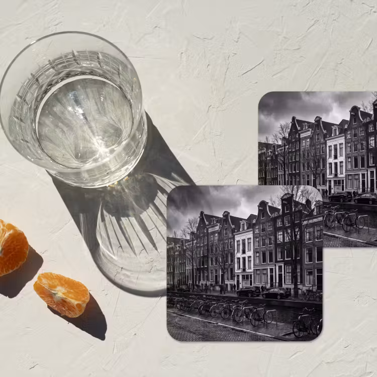 Huis - Gracht - Amsterdam - Architectuur - Zwart-wit onderzetter kurk middel -sfeer4