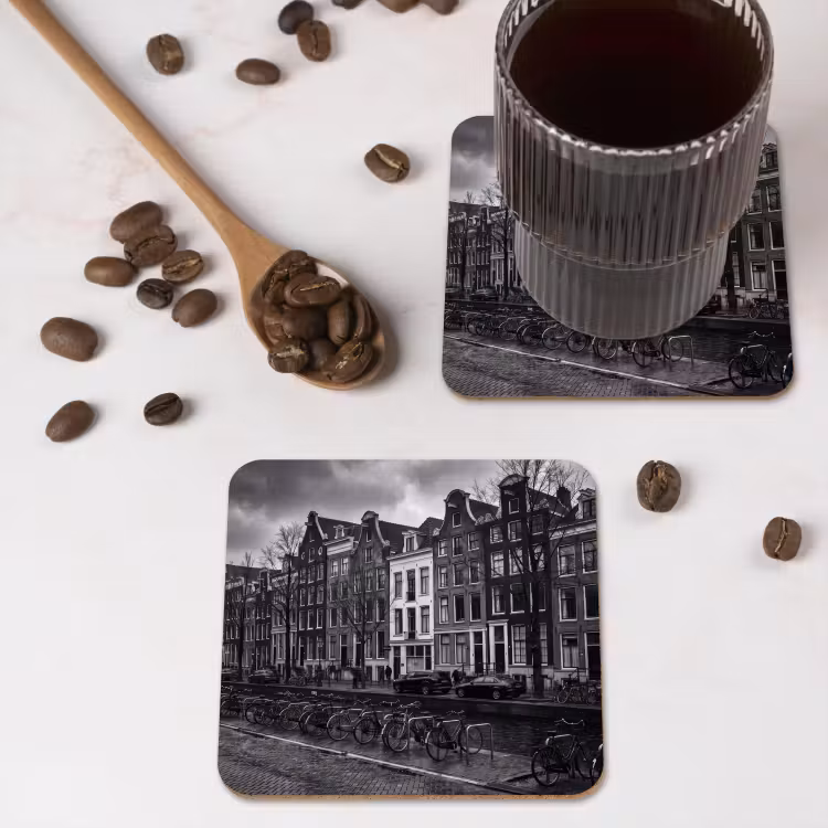 Huis - Gracht - Amsterdam - Architectuur - Zwart-wit onderzetter kurk middel -sfeer2