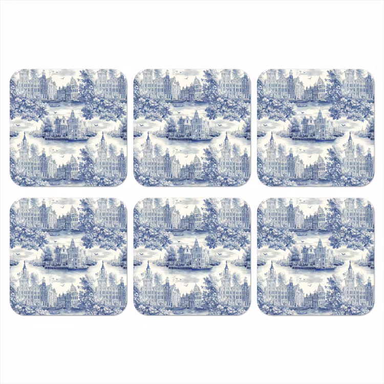 Huizen - Bomen - Water - Vogels - Blauw onderzetter kurk middel 366 -3d