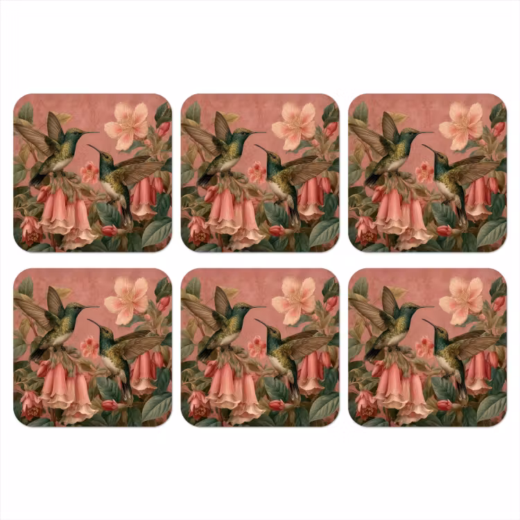 Kolibries - Bloemen - Groen - Roze onderzetter kurk middel -3d