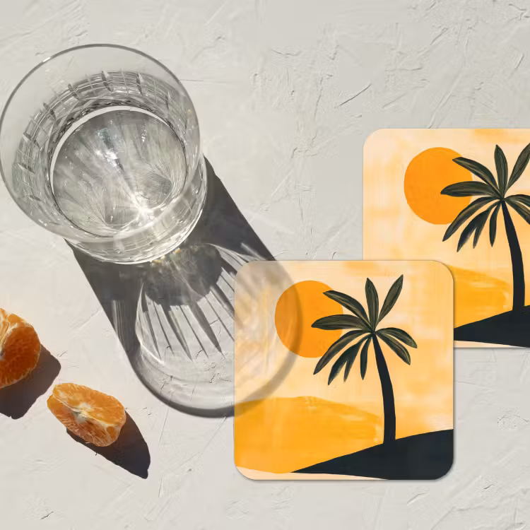 Illustratie - Palmboom - Zon - Heuvels onderzetter kurk middel -sfeer4
