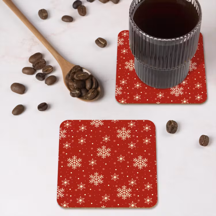 Illustratie - Sneeuwvlokken - Rood onderzetter kurk middel 366 -sfeer2
