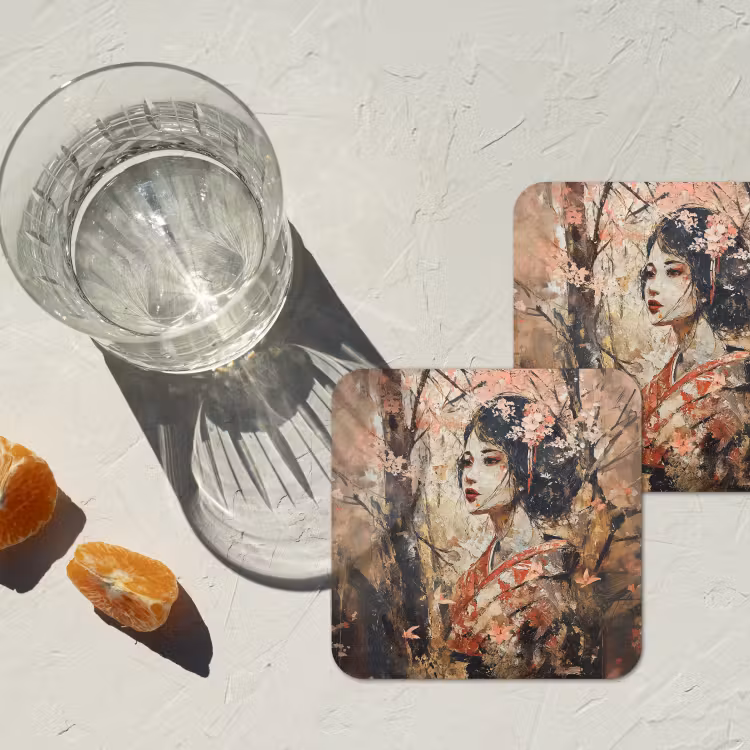 Kimono - Vrouw - kersenbomen onderzetter kurk middel -sfeer4