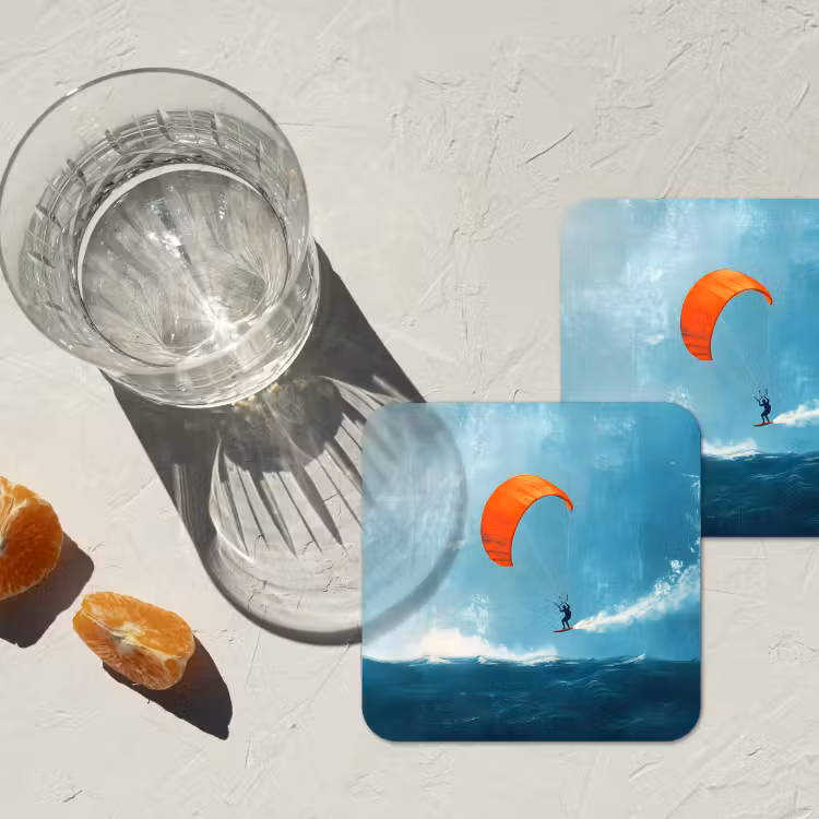 Kitesurfer - Oranje - Zee - Lucht onderzetter kurk middel -sfeer4