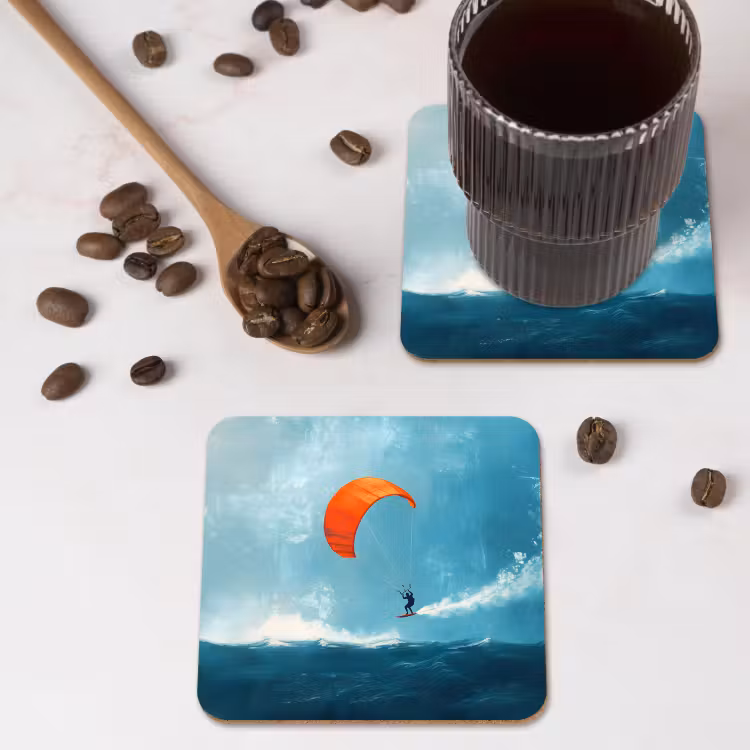 Kitesurfer - Oranje - Zee - Lucht onderzetter kurk middel -sfeer2