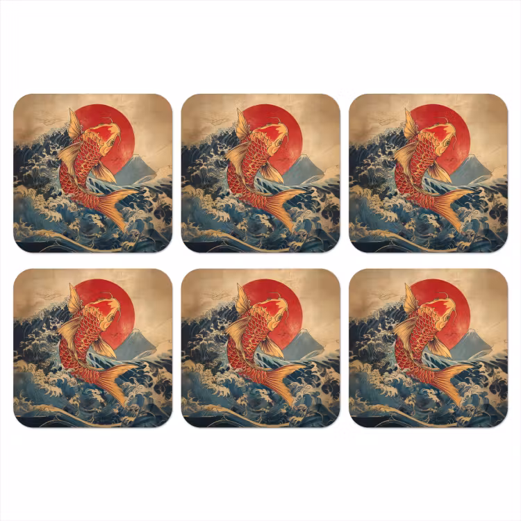 Koi - Zee - Golven - Zon onderzetter kurk middel -3d