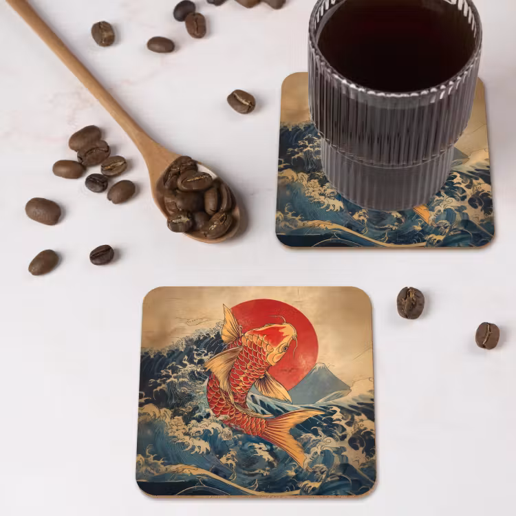 Koi - Zee - Golven - Zon onderzetter kurk middel -sfeer2