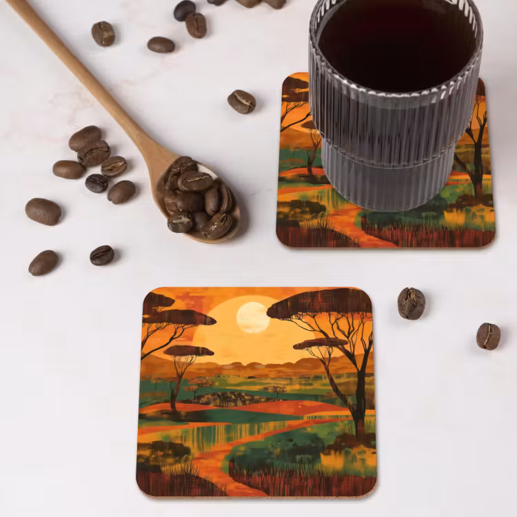 Landschap - Afrikaans - Zon onderzetter kurk middel -sfeer2