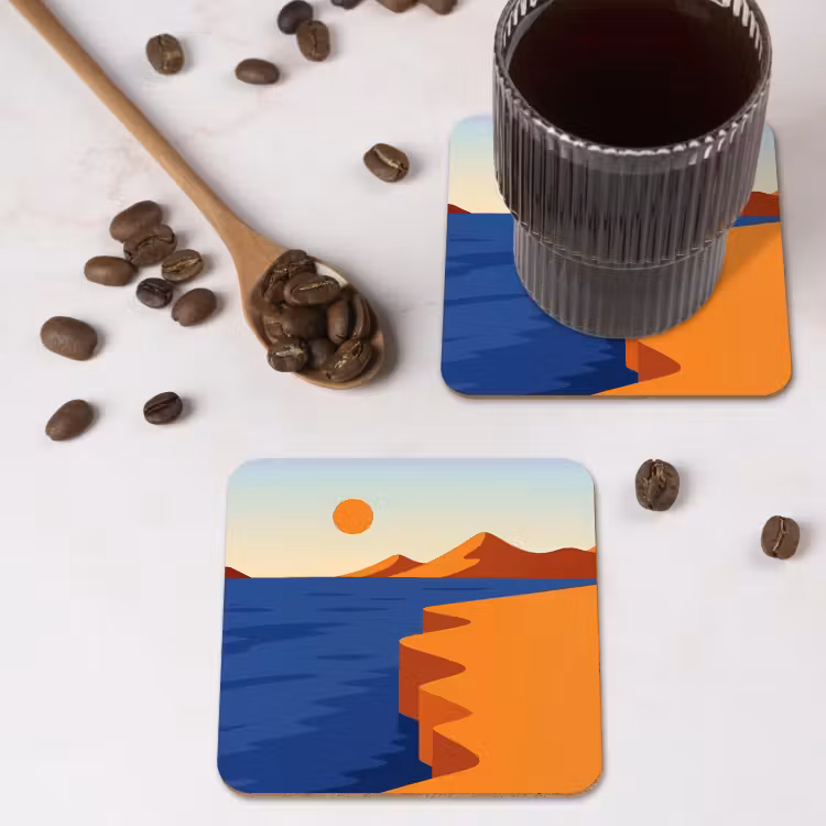 Landschap - Bergen - Zon - Zee onderzetter kurk middel -sfeer2