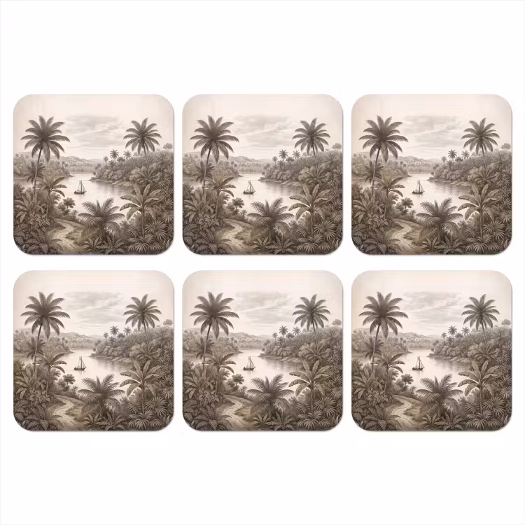 Landschap - Rivier - Boot - Tropisch - Vintage onderzetter kurk middel -3d