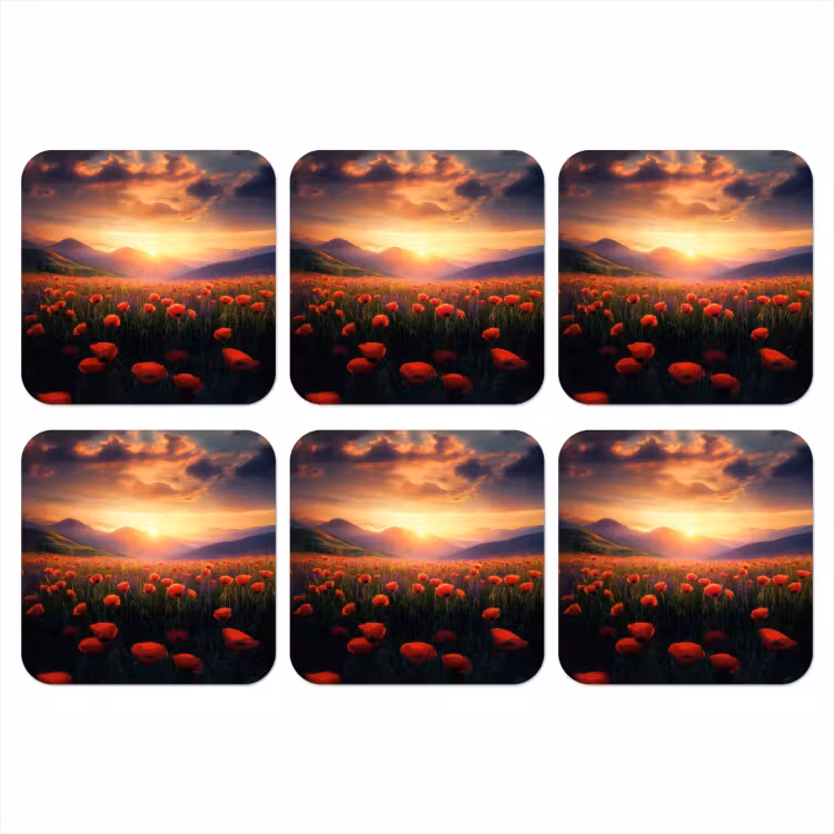 Landschap - Zonsondergang - Bloemenveld onderzetter kurk middel -3d