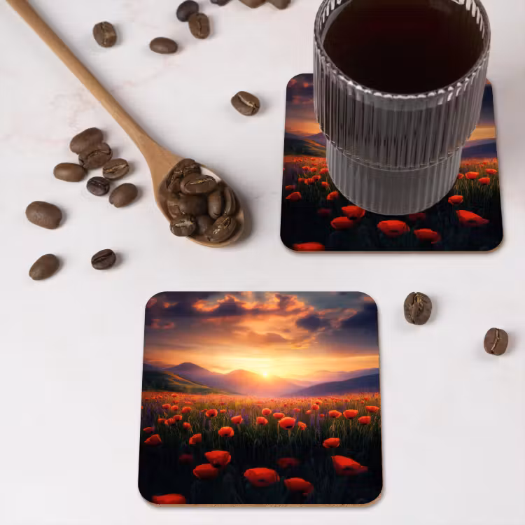 Landschap - Zonsondergang - Bloemenveld onderzetter kurk middel -sfeer2