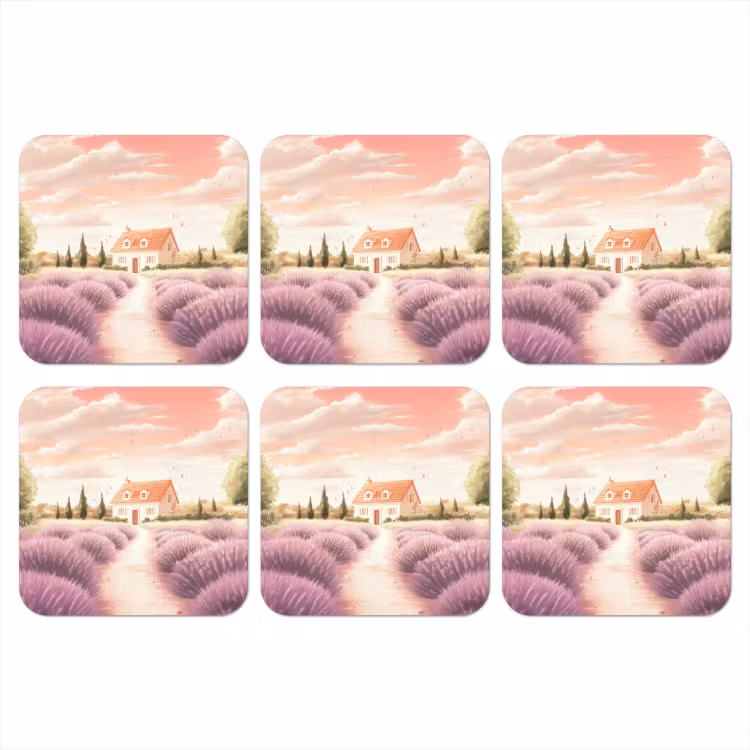 Lavendelveld - Huis - Paars onderzetter kurk middel -3d