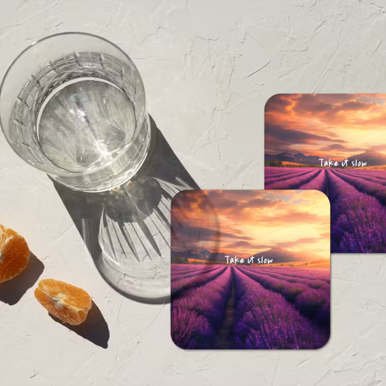 Lavendelveld - Quote - Zonsondergang onderzetter kurk middel -sfeer4