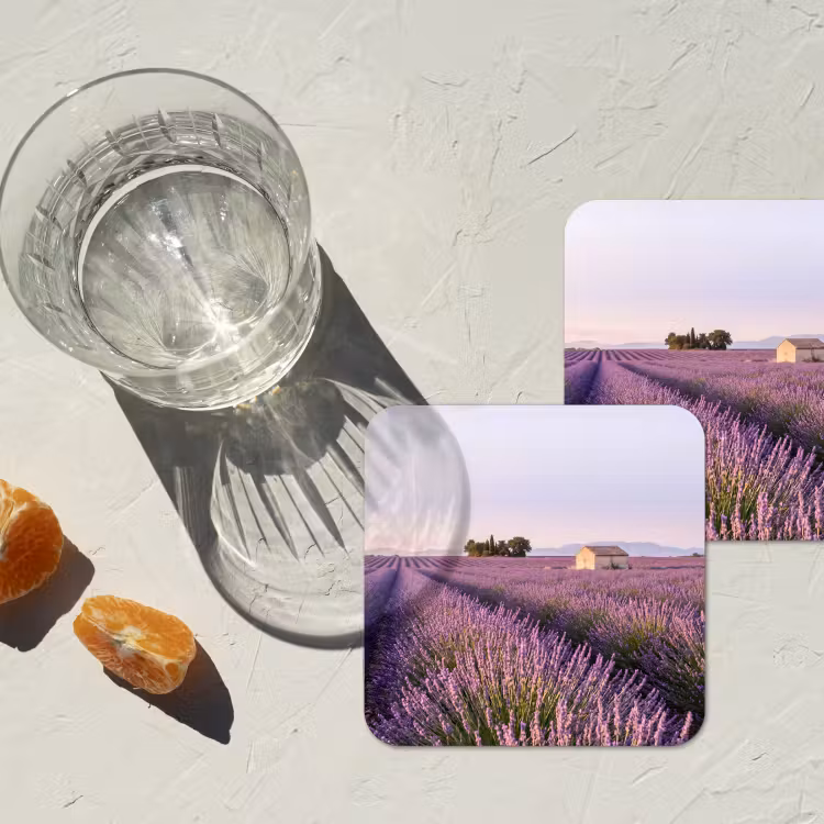 Lavendel - Landschap - Sereen - Paars onderzetter kurk middel -sfeer4