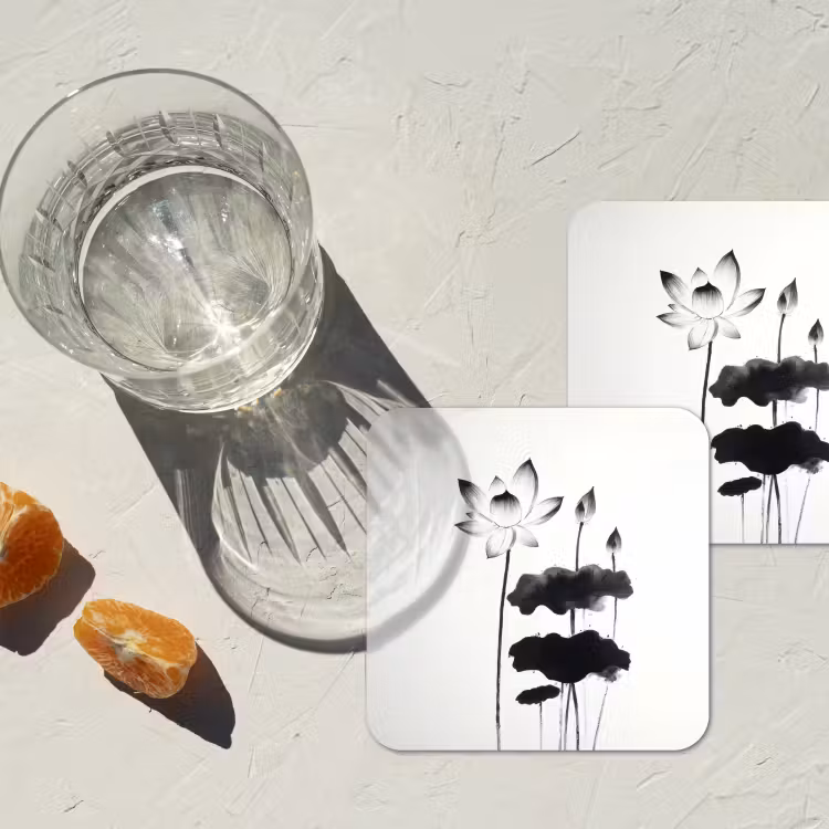 Bladeren - Zwart - Lotusbloem - Minimalitisch onderzetter kurk middel -sfeer4