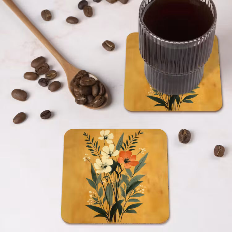 Bladeren - Boeket - Bloemen - Geel onderzetter kurk middel -sfeer2