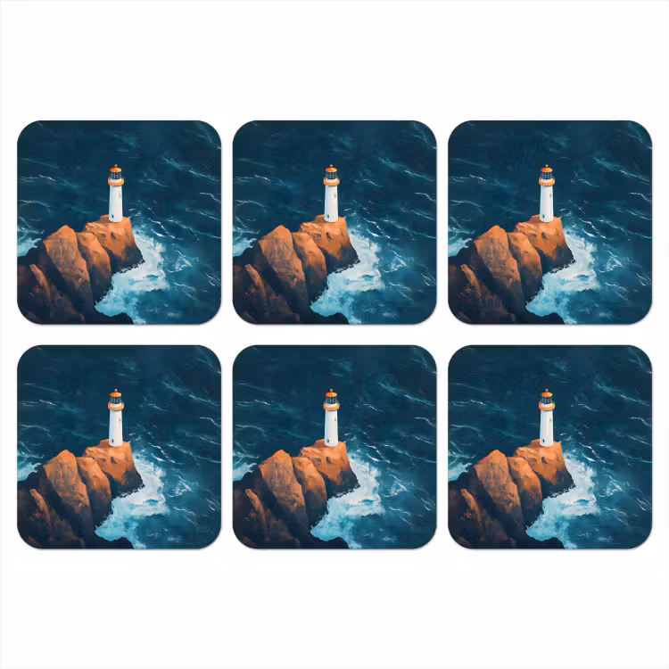 Vuurtoren - Rots - Zee - Golven onderzetter kurk middel -3d